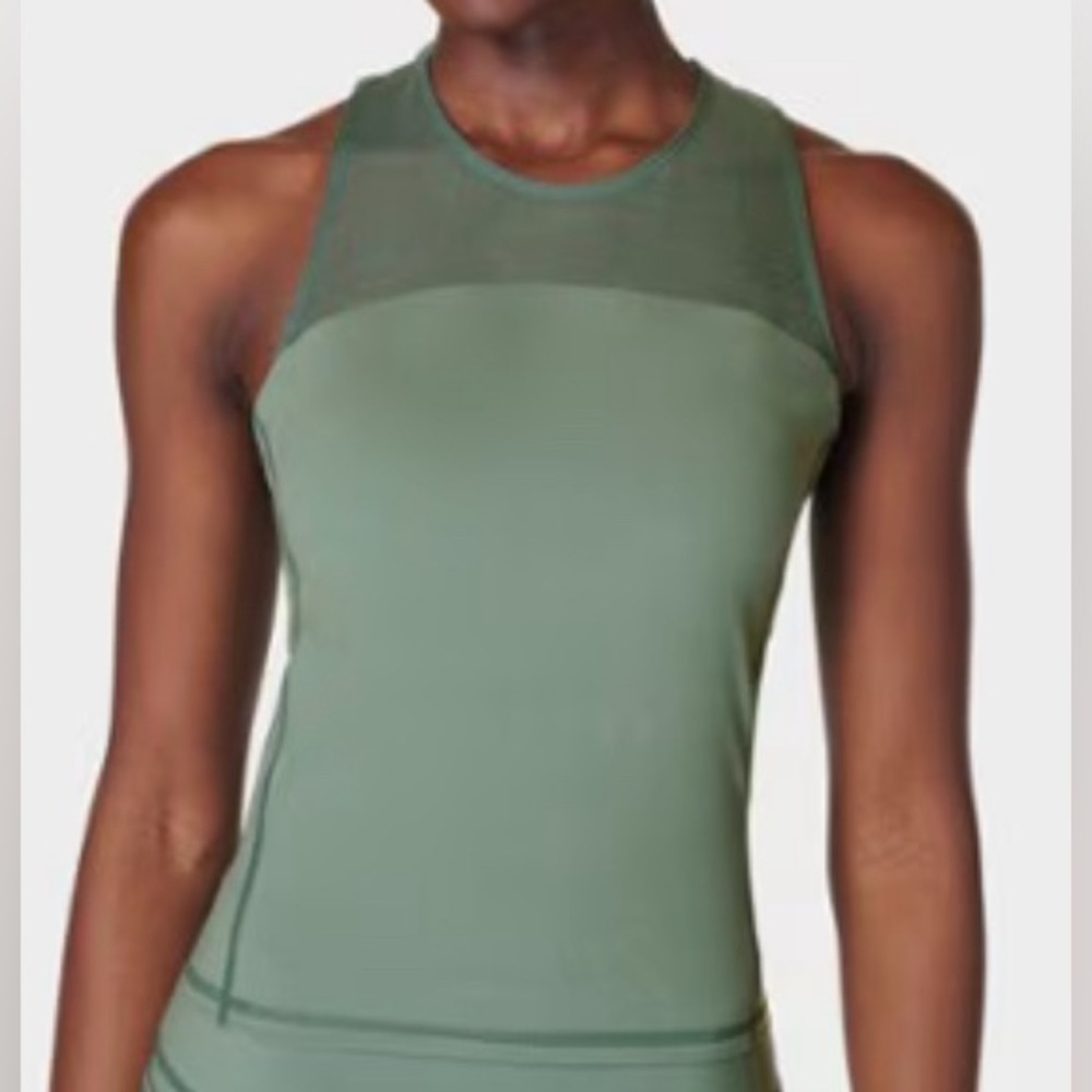 Sweaty Betty Olive Green High-Neck Mesh Tank Top